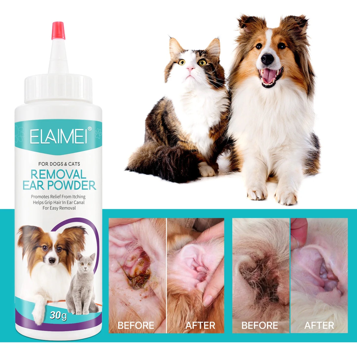 30g Removal Ear Powed Targets Ear Mites Canker, Relieves Ltching Scratching for Dogs and Cats