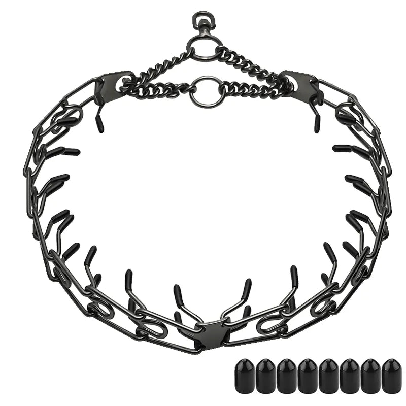 Metal Dog Training Prong Collar Removable Black Pet Link Chain Adjustable Stainless Steel Spike Necklace with Comfort Rubber Tip