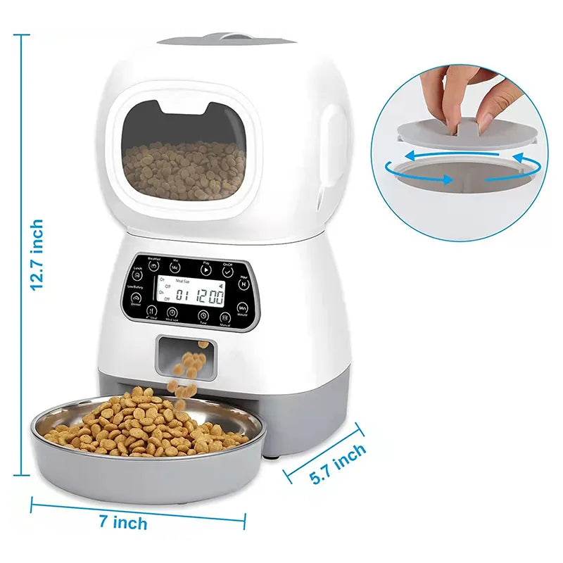 3.5L Automatic Pet Feeder Smart Food Dispenser For Dog Cat Bowl Timer SPECIFICATIONSBrand Name: NoEnName_NullOrigin: Mainland ChinaIs Smart Device: YESMaterial: Stainless SteelMin Output: 50gType: DogsMax Output: 100gLCD Display: NoVolShopDoggieworksShopDoggieworksDog Cat Bowl Timer Robot Pet Feeding Water Dispenser Auto Sensor Cat Fountain