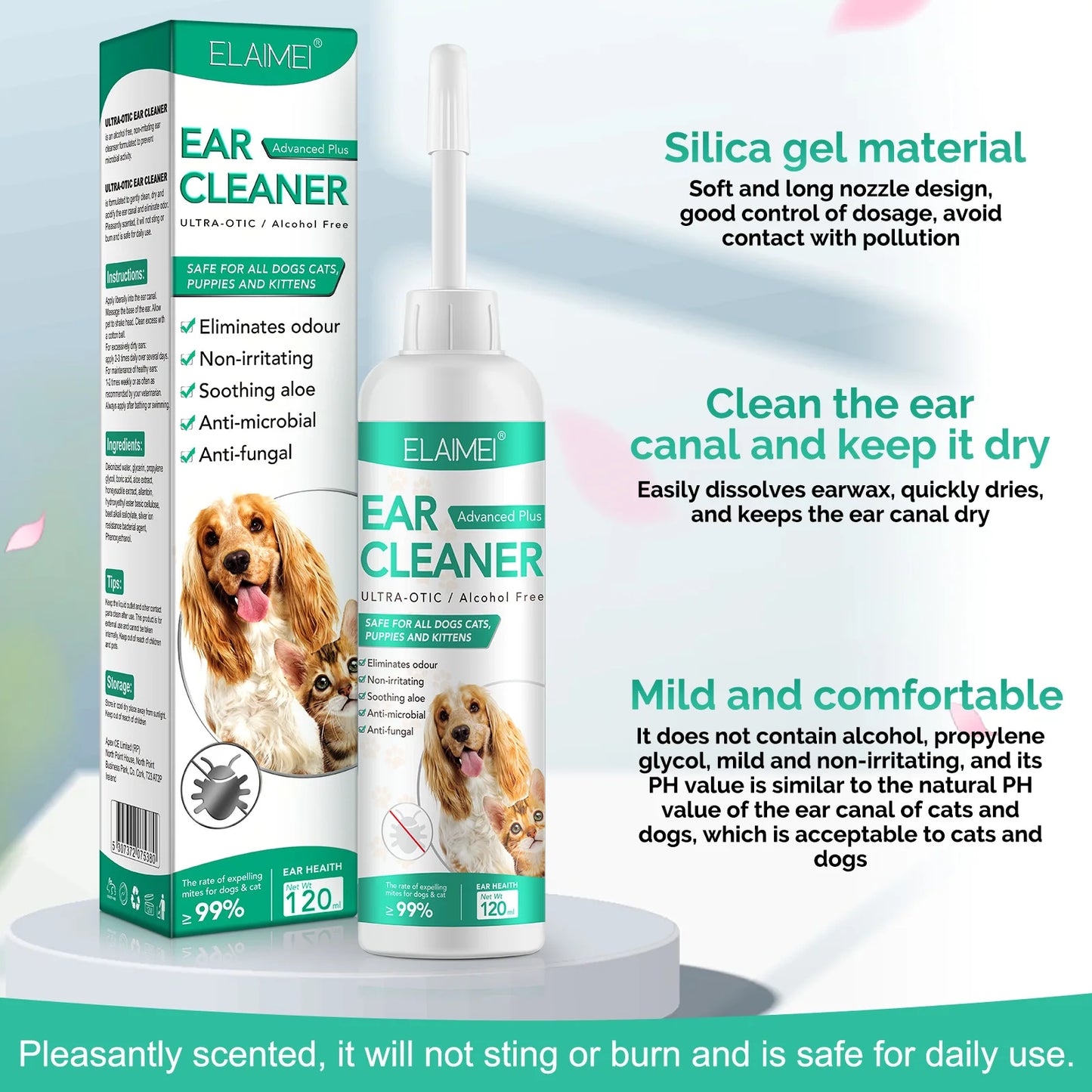 120ml EAR CLEANER Eliminates Odour Non-irritating Soothing Aloe Anti-microbial Dogs&Cats Health Hygiene Supplies