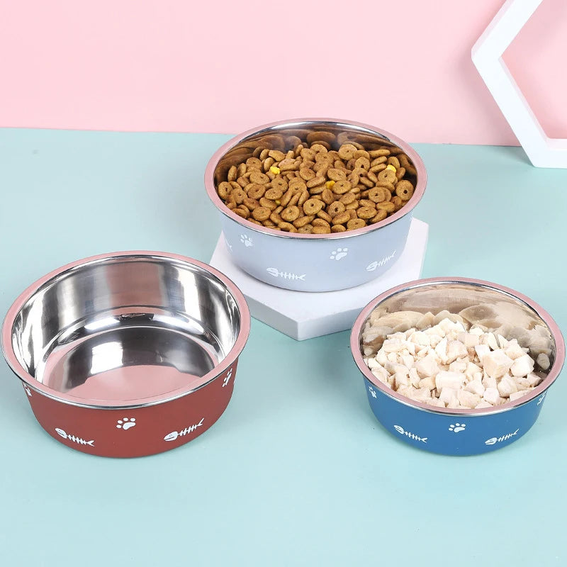 Pet Cat Feeding Bowl Stainless Steel Plastic Non-slip Single Bowl Food Drinking Tray Feeder Drop-resistant Durable Pet Dog Bowl