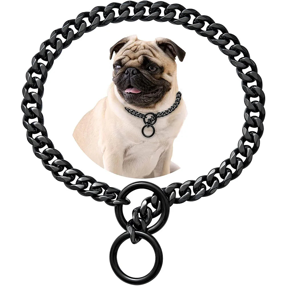 Dog Collar 10mm Thick Cuban Link Chain Dog Collar 18K Gold Black Chain Dog Collar with 316L Stainless Steel Don't Pinch Dog Hair