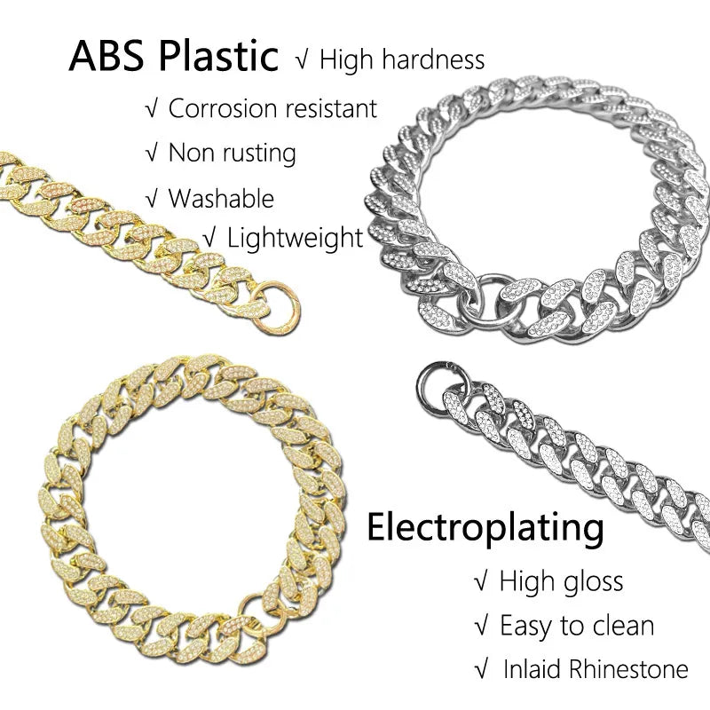 ABS Plastic Dog Collar Chain Diamond Inlay Sparkle Bulldog Necklace Cat Collars Pet Accessories Small Medium Large Dogs Golden