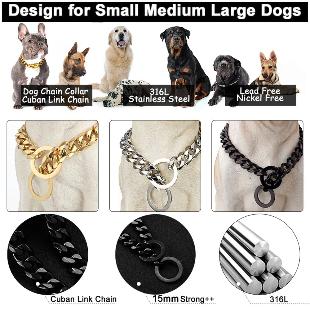 Gold Chain Dog Collar 15mm Wide Heavy Duty Metal Cuban Link Dog Slip Chain Collar Dog Necklace Fashion Pet Jewelry Accessories