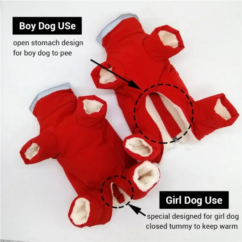 Dog winter clothing, warm and waterproof pet four legged jumpsuit, male/female dog reflective puppy jacket, puppy down jacket