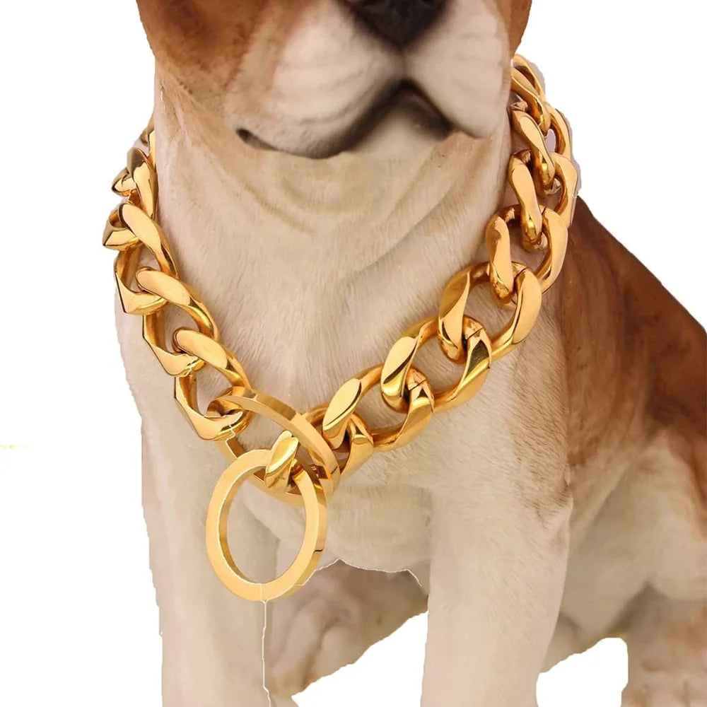 Gold Chain Dog Collar 15mm Wide Heavy Duty Metal Cuban Link Dog Slip Chain Collar Dog Necklace Fashion Pet Jewelry Accessories