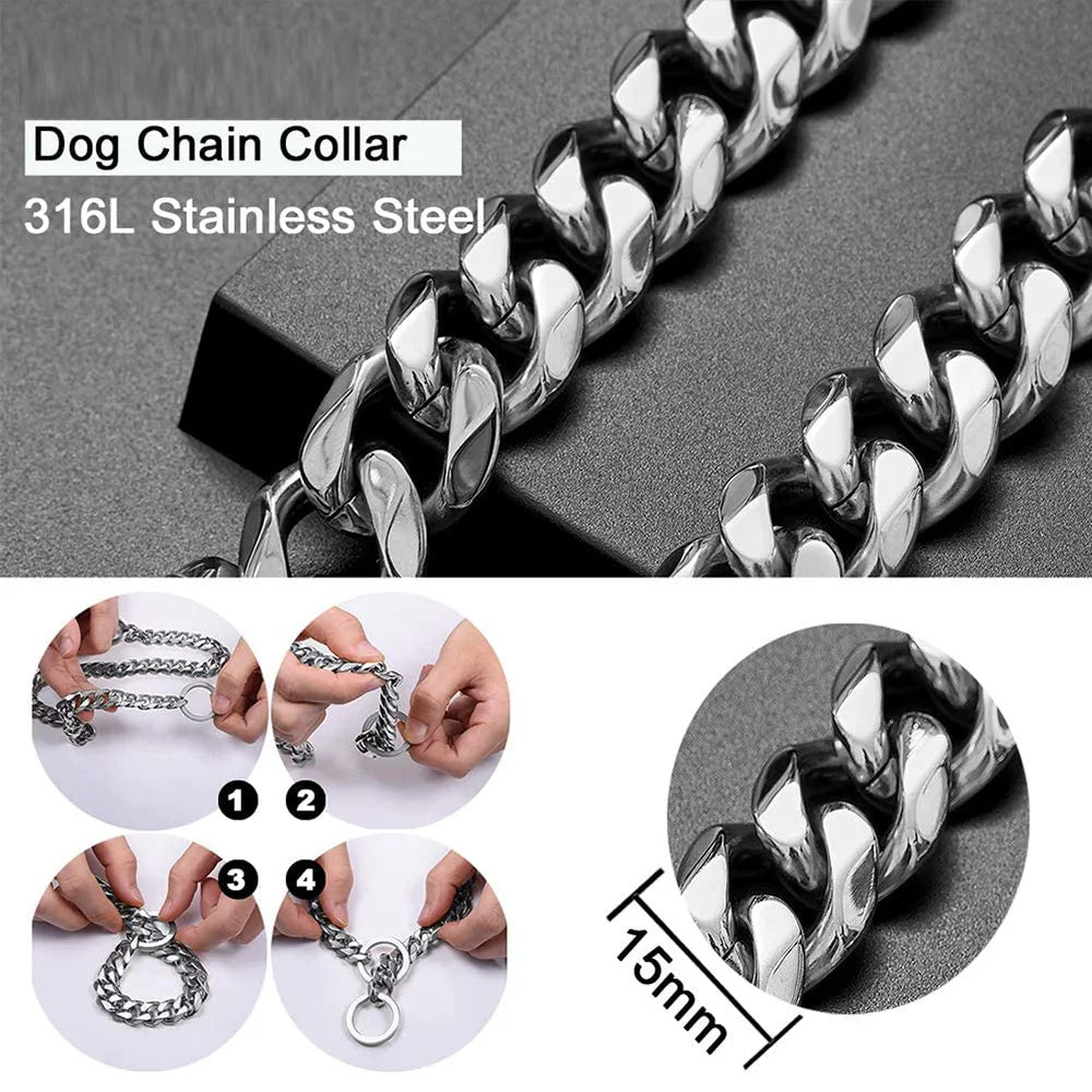 Dog Chain Collar Silvery Golden 15MM Width Cuban Link Chain for Dogs Strong Smooth Stainless Steel Metal Pet Training Slip Chain