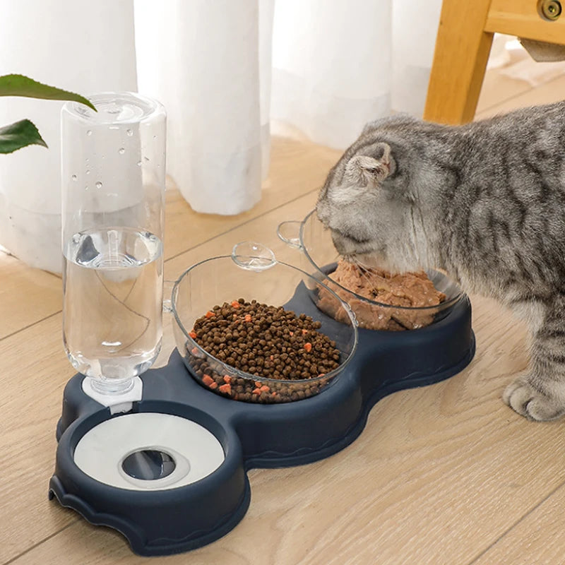 Pet Cat Bowl Automatic Feeder 3-in-1 Cat Dog Food Bowl with Water Fountain Double Bowl Drinking Raised Stand Dish Dog Bowls